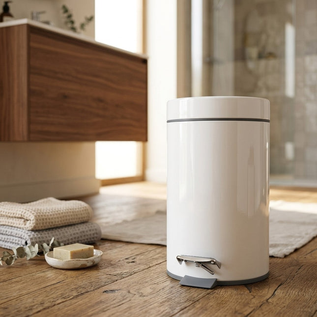 IA - Tampel - Poubelle à pédale 12L métal blanc silencieuse