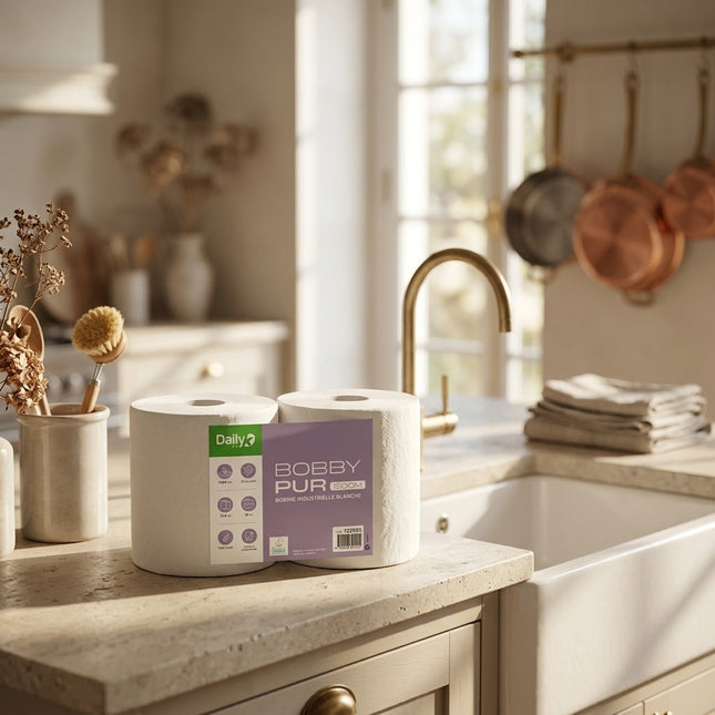 IA - Bobine blanche 1500F pure ouate Ecolabel BOBBYPUR 1500M DAILYK-Lot 2