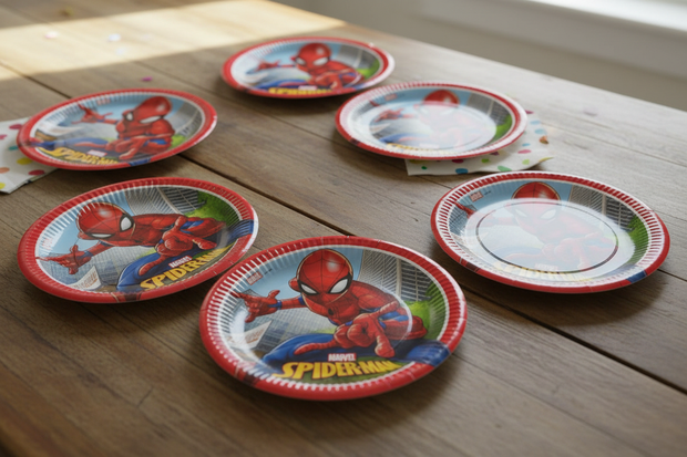 Assiettes Spider-Man sur table d'anniversaire