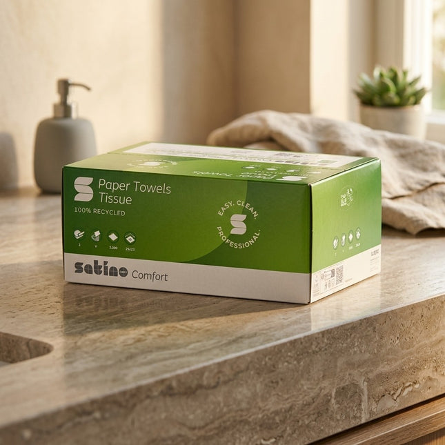 IA - Essuie-mains 2 pl. g/c en V recyclé blanc Ecolabel Satino 25x23 - Ct de 3200